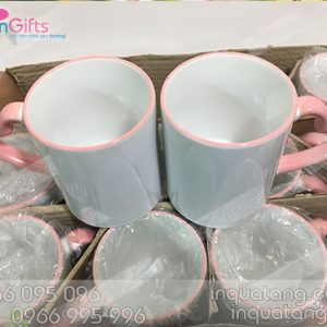 Phôi cốc sứ in chuyển nhiệt màu hồng, in ảnh quai tim