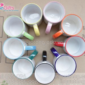 Phôi cốc sứ in chuyển nhiệt viền màu quai tròn