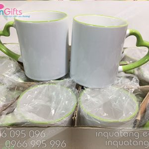 Phôi cốc sứ in chuyển nhiệt màu xanh, in ảnh quai tim